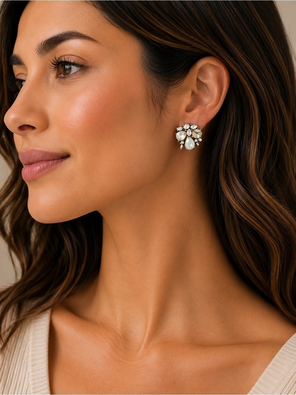 BaubleBar Gold Tone Clear & Opal Colored Rhinestone Cluster Stud Small Earrings